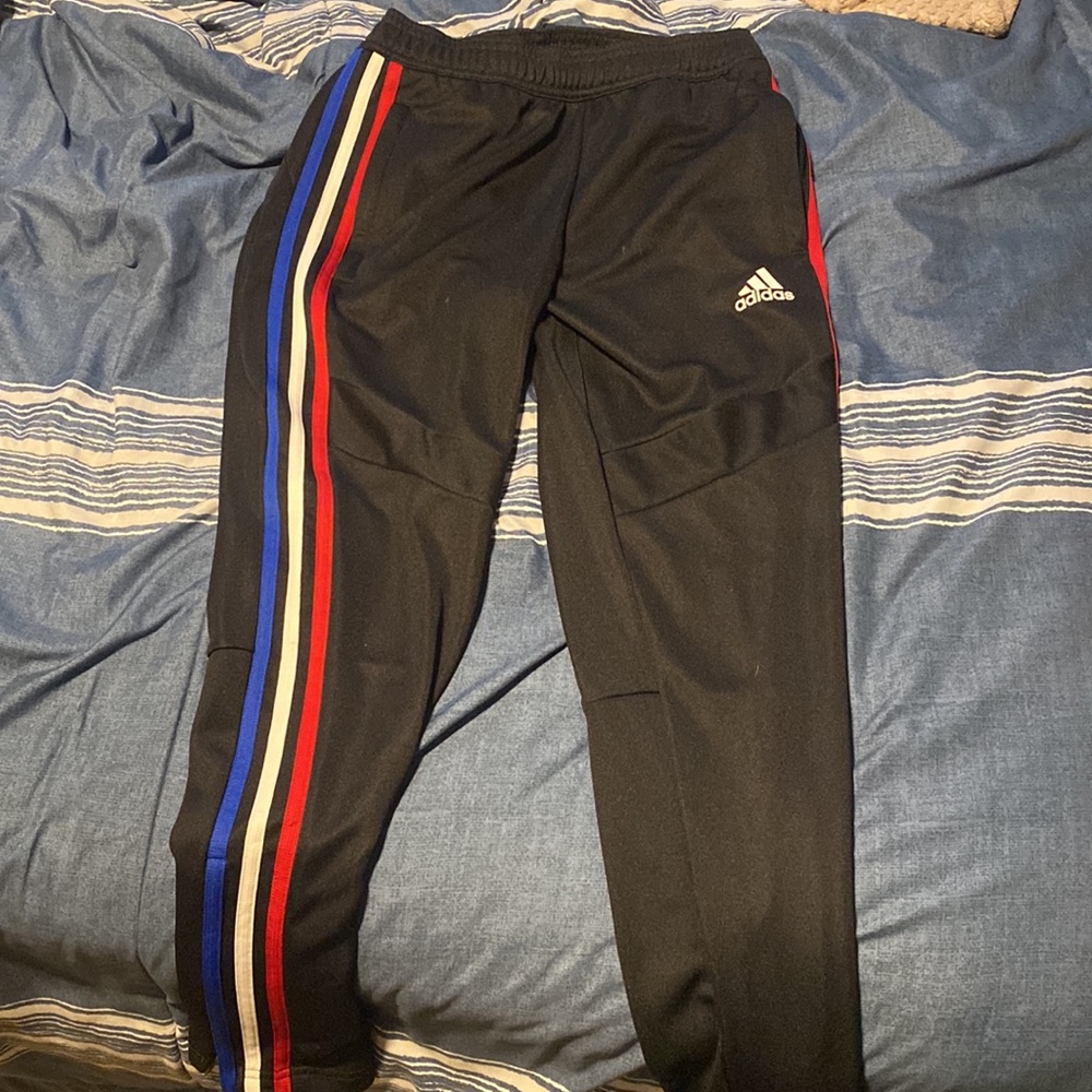 Red white and blue striped Adidas sweatpants
